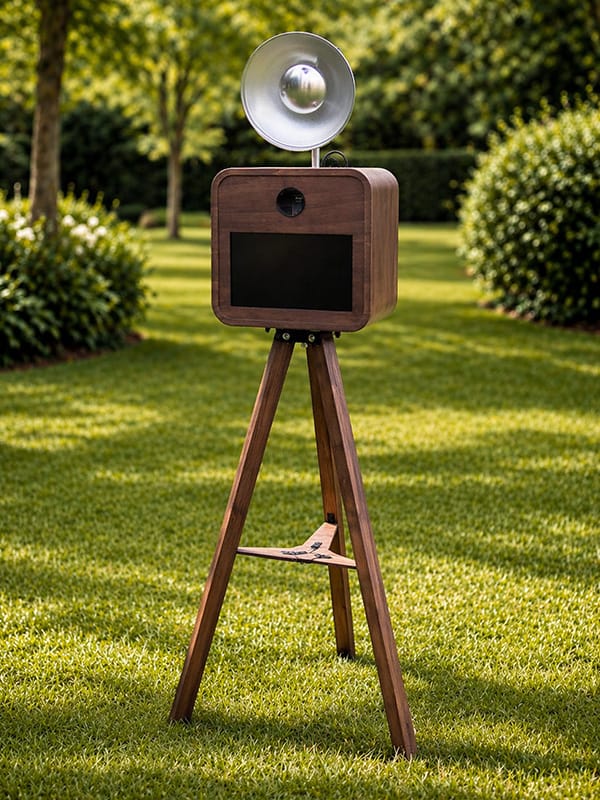 Houten fotobooth met zwart scherm en vintage flitskop, opgesteld op een grasveld.